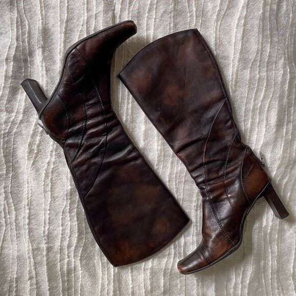 🍂 Y2K Vintage Dark Warm Brown Faded High-Heeled  Square Toes Leather Knee Boots - Picture 3 of 8